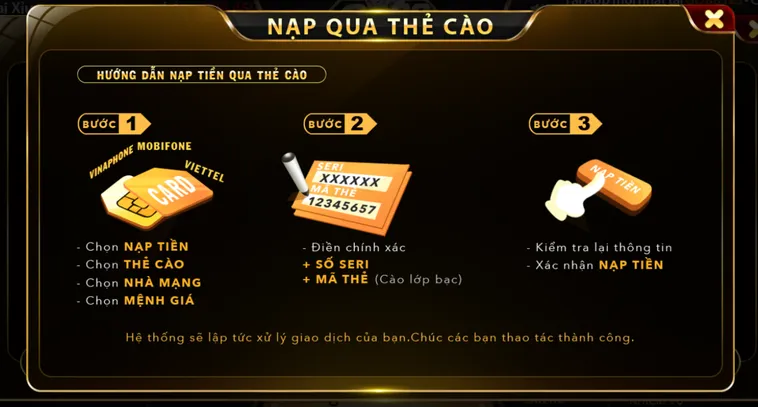 Nạp tiền qua thẻ cào hỗ trợ tất cả nhà mạng: Viettel - Mobifone - Vinaphone - Vietnamobile